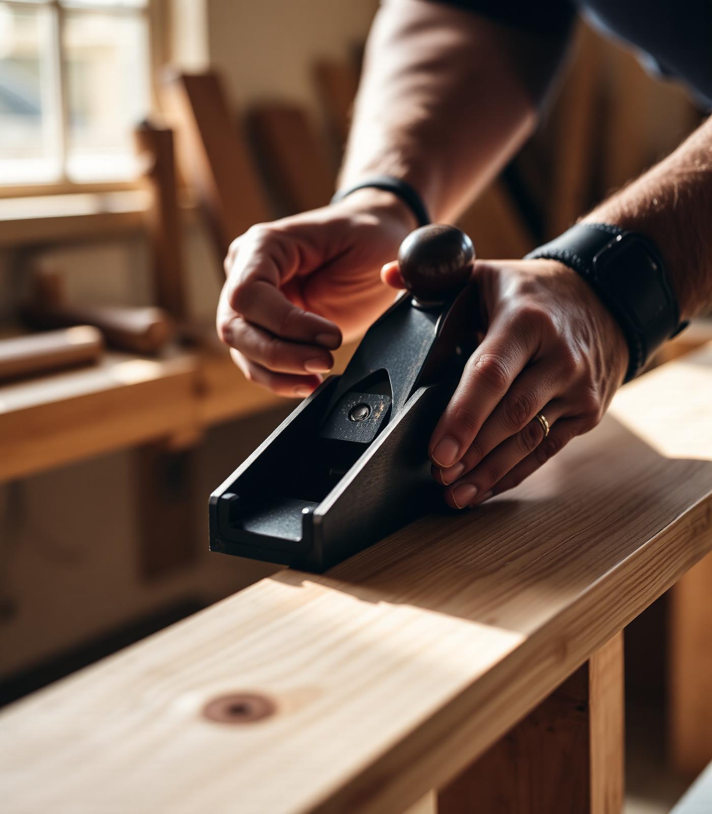 A craftsman's hands using a hand plane on oak timber