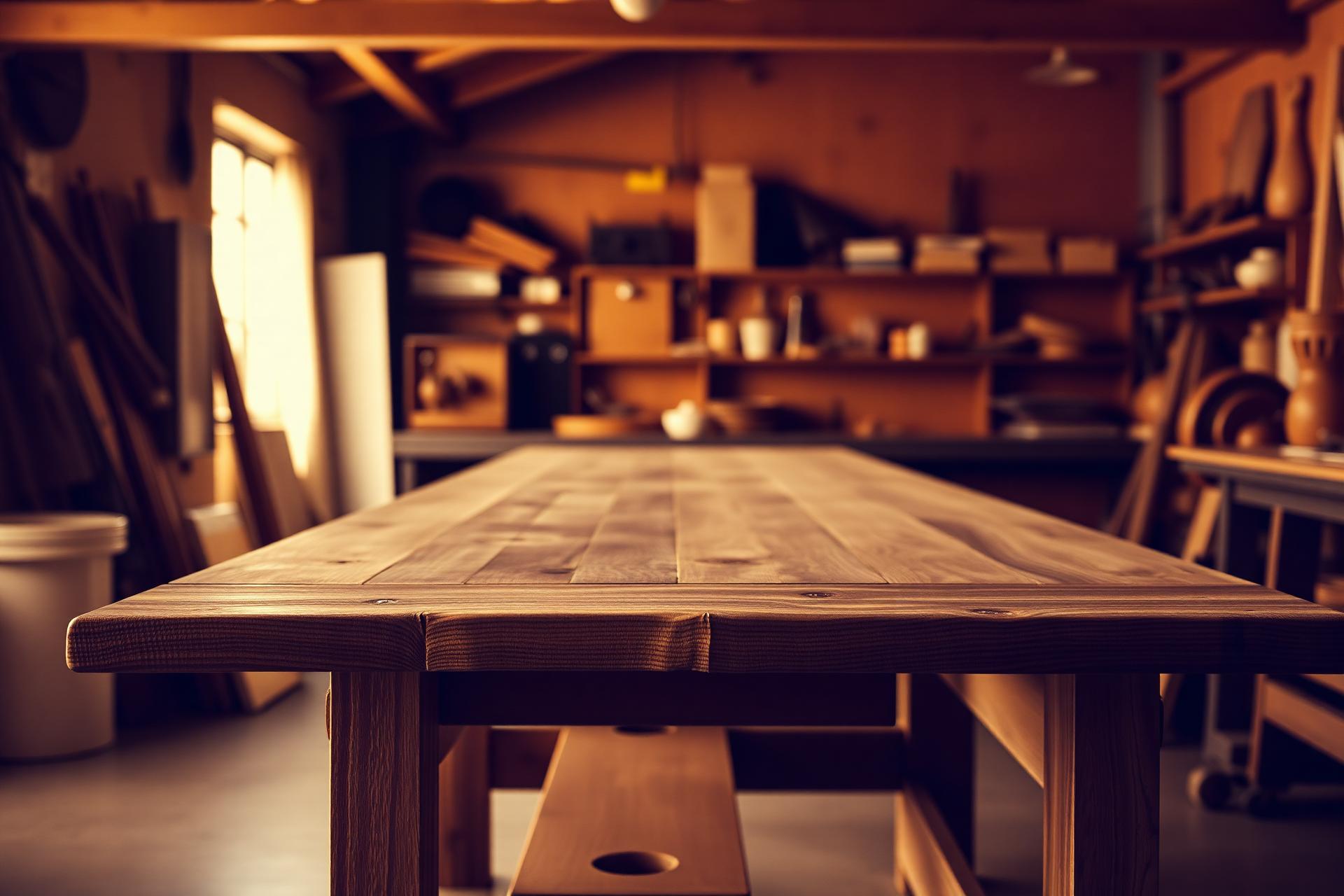 A long wooden craftsman's table in a sunlit workshop