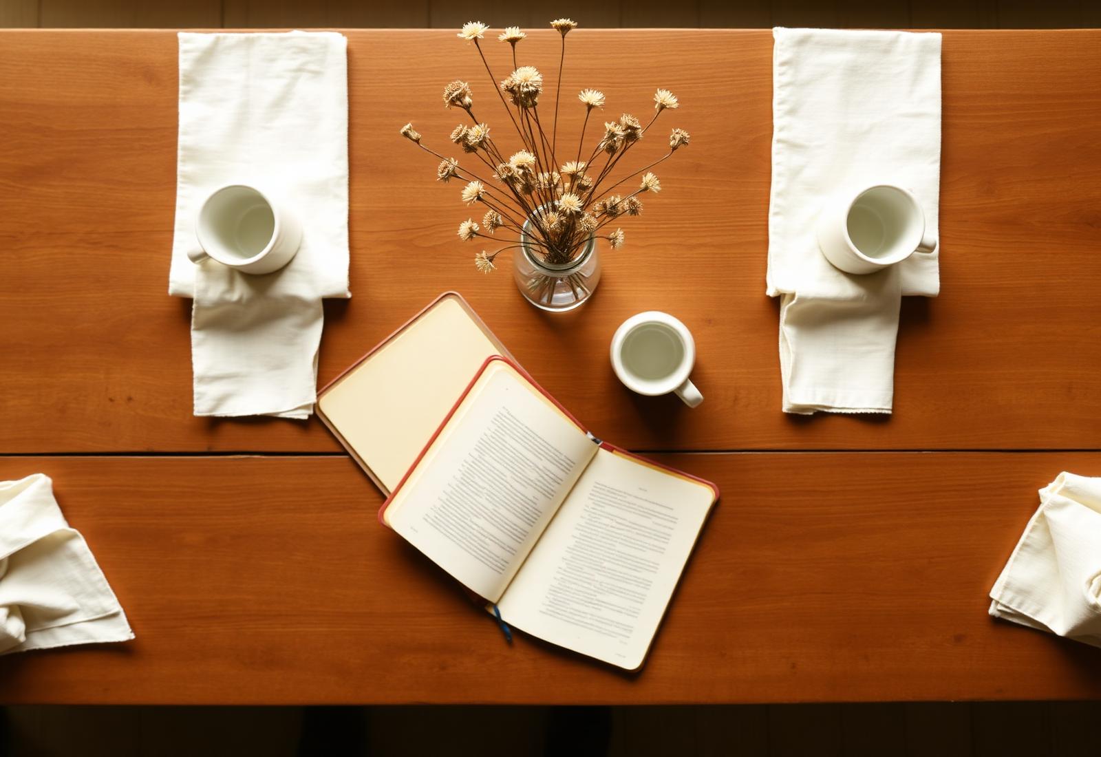 An open notebook and ceramic mugs on a long wooden table